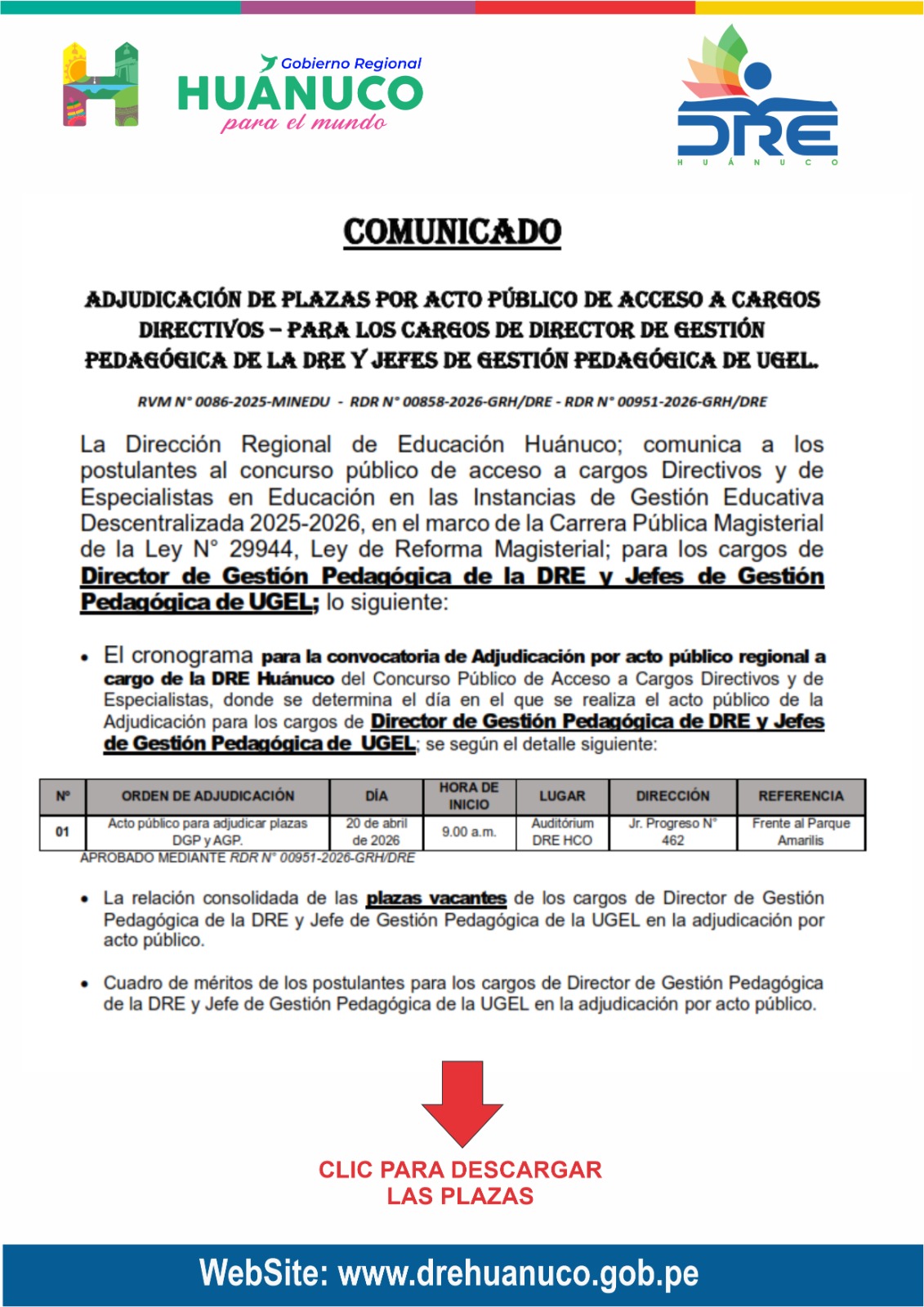 ADJUDICACIÓN DE PLAZAS POR ACTO PÚBLICO DE ACCESO A CARGOS DIRECTIVOS